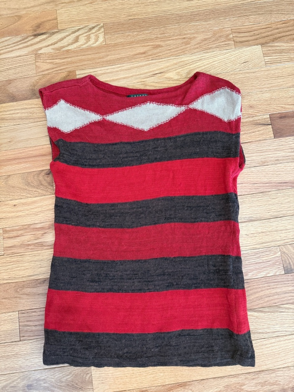 Lauren Ralph Lauren Red, Brown & Cream Striped Linen Knit Sleeveless Sweater